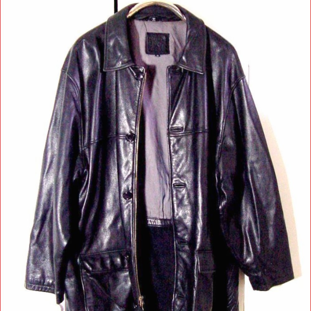 Vtg Black Heavy Leather Field Gear Long Jacket  Sz XL